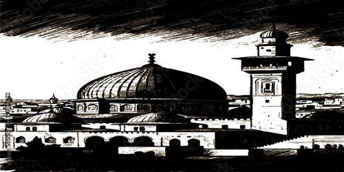 Panoramic view of the historic city of Rome featuring an ancient Italian cathedral dome and architectural landmarks under a bright European sky