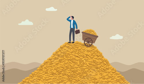 Success we on in the vestor, rich man making money from business or investment,go mountain peak income and revenue, budget, saving or profit concept,to rich and to successful businessman with load