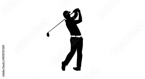 Silhouette of a male golfer in mid swing with a club captured from a side profile against a clean white background