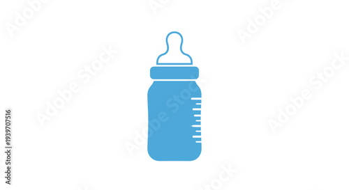 Simple blue baby bottle icon with measurement markings on a white background