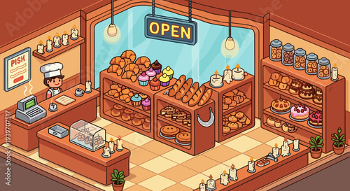 Cozy isometric bakery interior with a baker and shelves full of delicious pastries and cakes