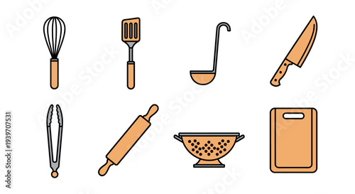 Collection of essential kitchen utensils and tools for cooking and baking