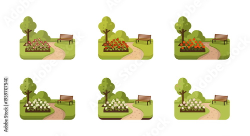 Flat design park scenes with benches and flower beds in different colors