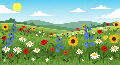 Colorful Wildflowers Blooming in a Vibrant Meadow.