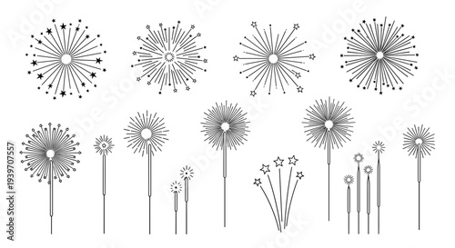 Collection of stylized dandelion seed heads and fireworks illustrations isolated on white background graphic design