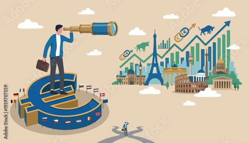 Europe financial visionary, economic forecast European countries investment in stock market concept, businessman investor or standing Euro currency sign central bank using telescope see market future