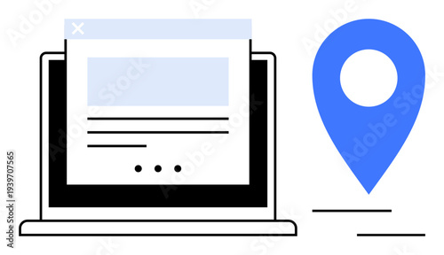 Open laptop displays a website interface, paired with a large blue map location marker. Ideal for navigation, online tools, business, location services, website creation, travel, technology themes