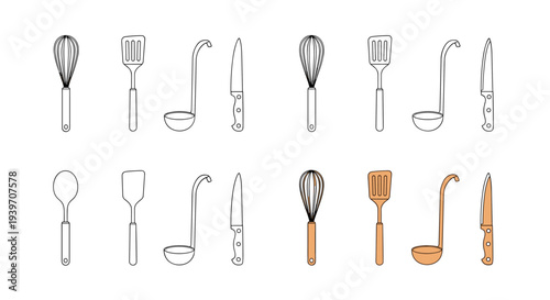 Collection of hand-drawn kitchen utensils including whisks, spatulas, ladles, and knives