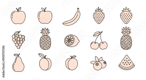 Collection of stylized fruit icons in a simple outline design with pastel color accents