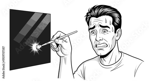 Stressed man with sweat drops on forehead meticulously painting a gray scale swatch with a fine brush detailed