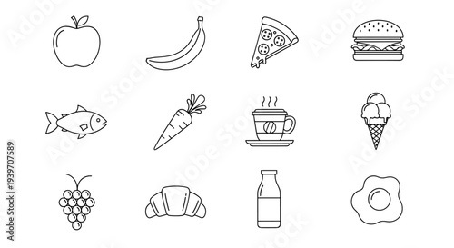Collection of simple line art icons representing various food and drink items