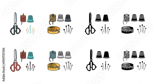 Collection of sewing tools including scissors, thread spools, thimbles, needles, and measuring tape