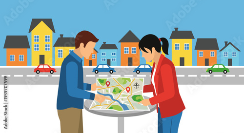 Two people studying a map with pins and compass rose on a table in front of colorful houses