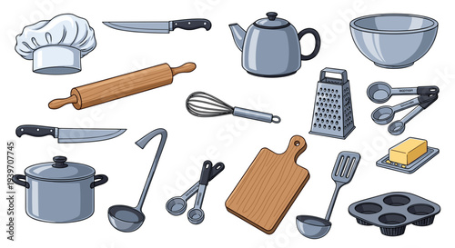 Collection of illustrated kitchen utensils and cooking tools including a chef's hat knives pots rolling pin whisk