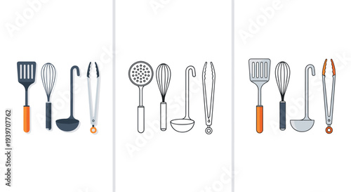 Set of kitchen utensils including spatula, whisk, ladle, and tongs, presented in three styles