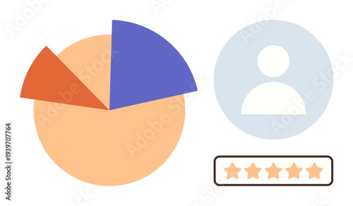 Business analytics, customer feedback, data analysis, performance review, statistics, online services. Features a colorful pie chart, a user icon and a five-star rating. Business analytics