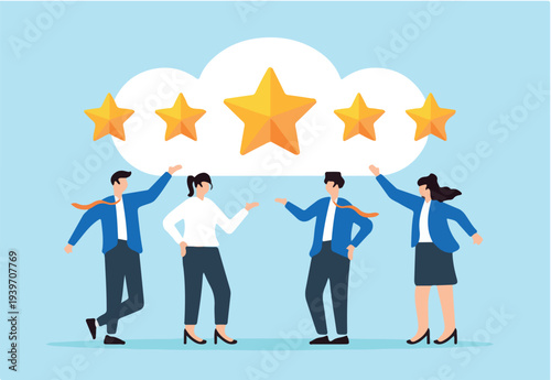 Flat illustration of customer give 5 star rating symbolizing feedback for best quality and satisfaction