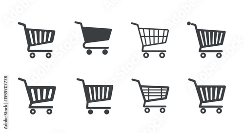 Collection of eight different shopping cart icons in a grid layout on a white background