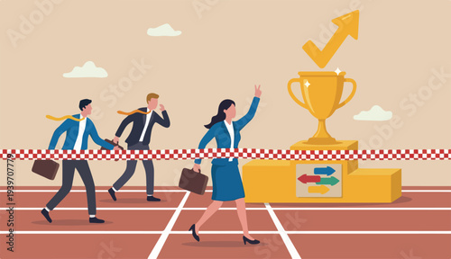 Woman success story, female leadership business victory gender equality, feminism win competition concept, confident businesswoman reach finishing line win competition over men colleague
