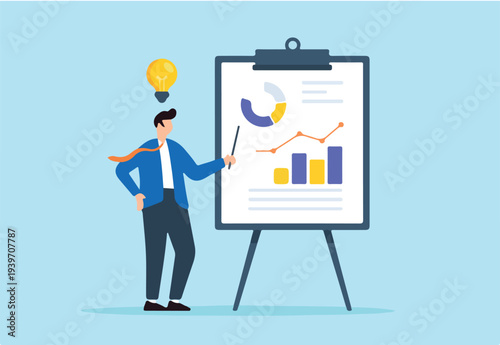 Flat illustration of confident businessman present sales pitch on whiteboard aiming to convince client of idea