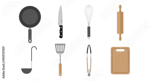 Collection of essential kitchen utensils and cooking tools arranged on a white background