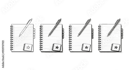 Four notebooks with pens and small star notebooks, a visual progression of styles
