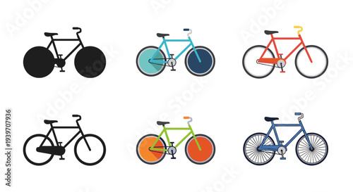 Collection of six different bicycle illustrations in various colors and styles
