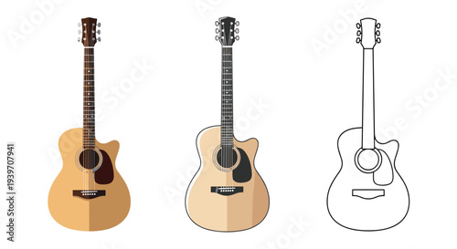 Three acoustic guitars in different styles: flat design, illustration, and outline