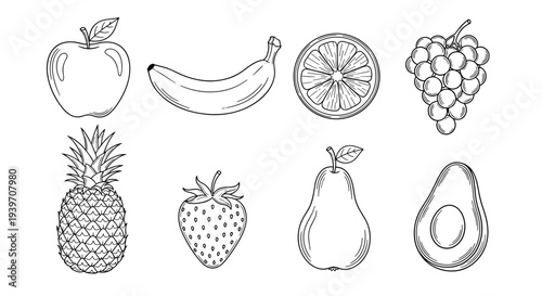 Collection of hand-drawn fruits including apple, banana, orange slice, grapes, pineapple, strawberry, pear, and avocado