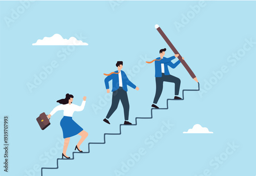 Flat illustration of businessman leader draw stairs with pencil guiding team to success develop career improvement plan