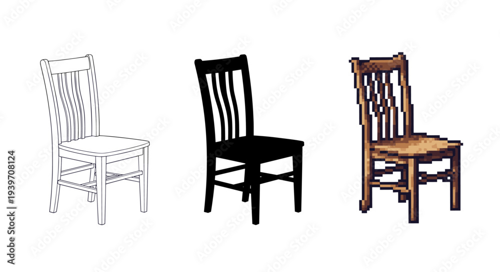 Fototapeta premium Three distinct styles of wooden chairs: line art, silhouette, and pixel art
