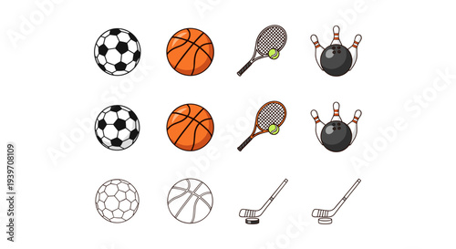 Collection of various sports equipment icons on a white background