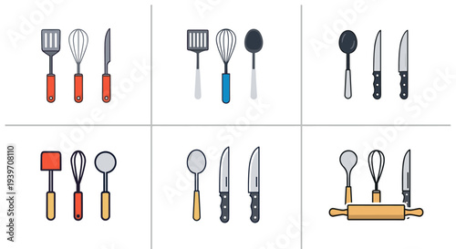 Collection of flat design kitchen utensils and cooking tools in various arrangements