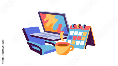 Workplace setup with a laptop, calendar, cup of coffee and a chair.