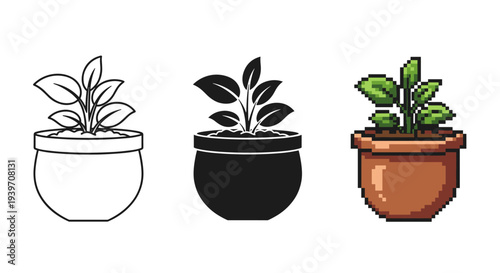 Collection of three potted plant icons: line art, silhouette, and pixel art styles