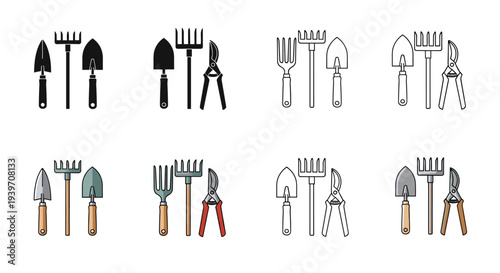 Collection of garden tools including trowels, rakes, and pruning shears in various styles