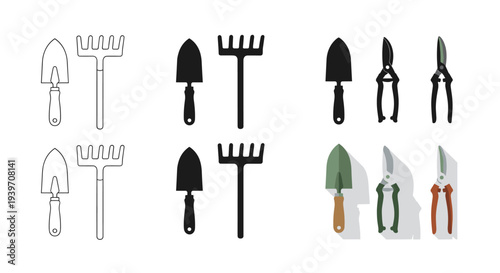 Collection of gardening tools including trowels, rakes, and pruning shears in various styles