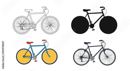 Collection of four distinct bicycle illustrations, including line art, silhouette, and colored designs