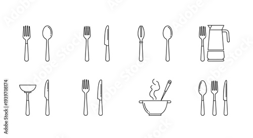 Collection of line art icons representing kitchen utensils and cookware for culinary themes