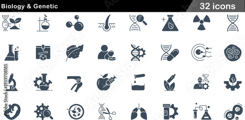 Biology and Genetic High Contrast Solid Icons DNA Research, Laboratory Equipment, Biotechnology, Cell Science and Genetic Engineering Symbols for Research