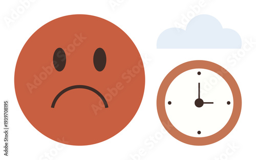 Time management, procrastination, emotional health, deadlines, stress, mental burnout. Sad face beside a clock under a soft cloud. Emotional health and deadlines