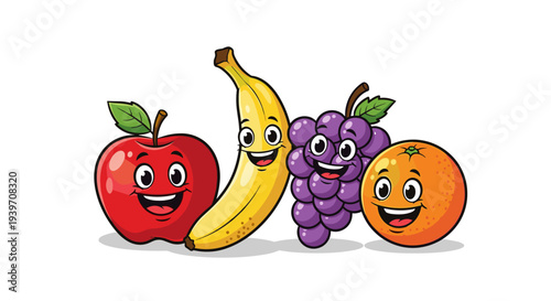 Happy cartoon fruits standing together, apple, banana, grapes, and orange characters