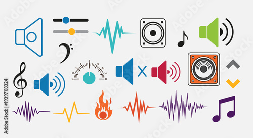 Collection of audio and music icons including speakers, sound waves, and musical notes