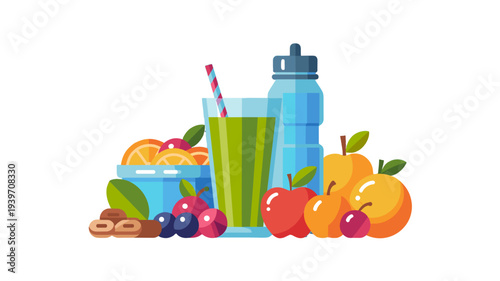 A vibrant illustration of healthy food with a smoothie, fruits, and a water bottle.