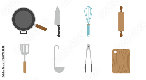 Collection of essential kitchen utensils and cooking tools arranged neatly