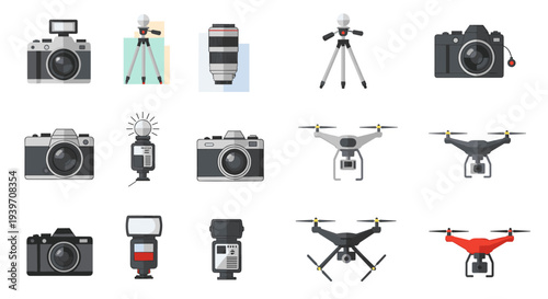 Collection of flat design icons for photography equipment and drones