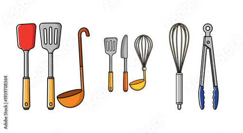 Collection of cartoon kitchen utensils including spatulas, whisks, tongs, and ladles