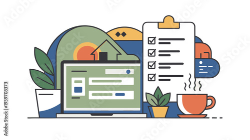 Online work with laptop and checklist, surrounded by nature and a cup of coffee.