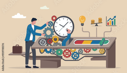 Efficiency or productivity, manage resources time to optimize work result increase performance effective process, businessman combine big desk clock timer gear cogwheel for best efficiency