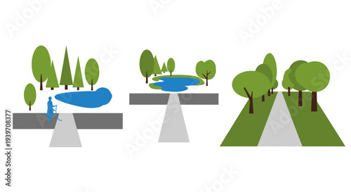 Stylized park scenes with trees, water features, and pathways